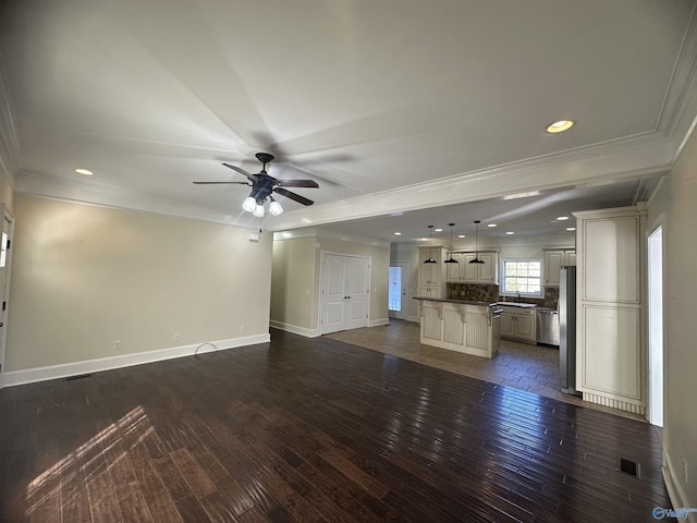 unfurnished living room with recessed lighting, baseboards, ceiling fan, and dark wood-style flooring