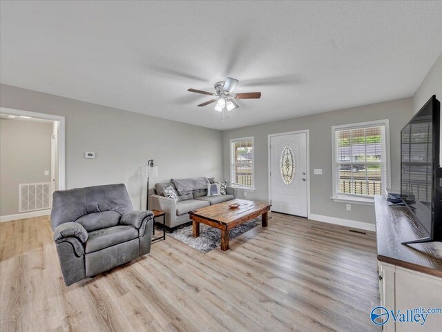 living area featuring ceiling fan, visible vents, light wood-type flooring, and baseboards