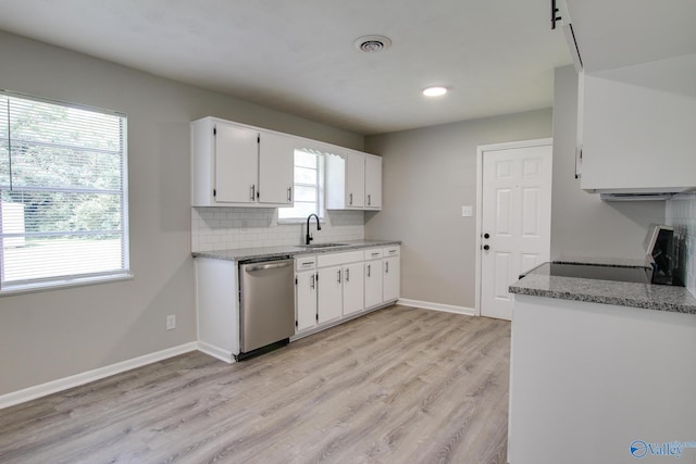629 Dawson Ter NW, Huntsville, AL 35811 - kitchen with stainless steel dishwasher, range, decorative backsplash, light wood-style flooring, and white cabinetry