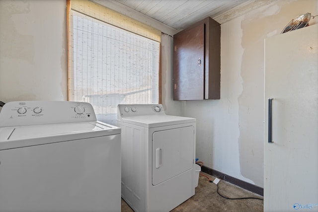 clothes washing area featuring wooden ceiling and washing machine and clothes dryer