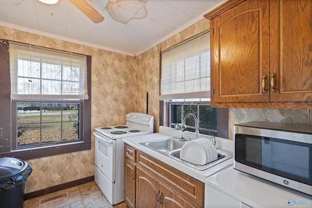 kitchen featuring white range with electric stovetop, ceiling fan, crown molding, and sink