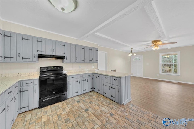 kitchen with black / electric stove, under cabinet range hood, a peninsula, open floor plan, and gray cabinets