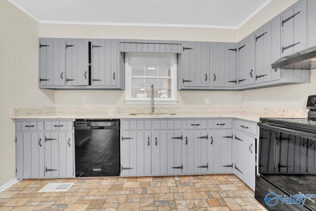 kitchen featuring brick floor, under cabinet range hood, a sink, ornamental molding, and black appliances