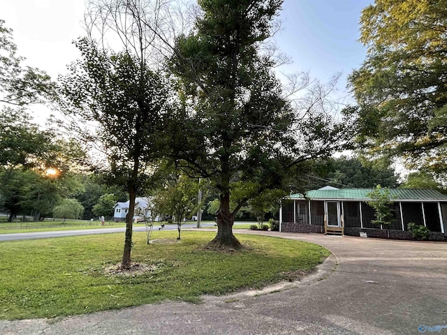 exterior space with metal roof, a front lawn, curved driveway, and a sunroom