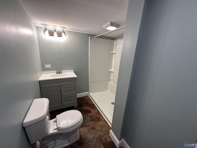 full bath with visible vents, toilet, stone finish floor, vanity, and walk in shower
