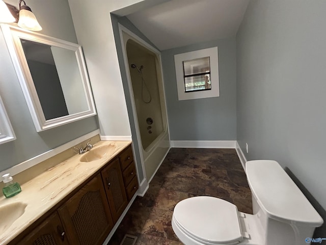 full bathroom with toilet, visible vents, vanity, baseboards, and washtub / shower combination