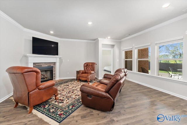 living room with a fireplace, wood-type flooring, and ornamental molding