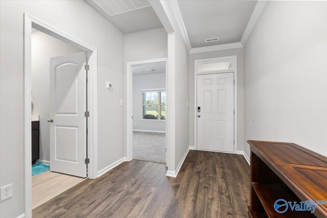 foyer entrance featuring ornamental molding and dark hardwood / wood-style flooring