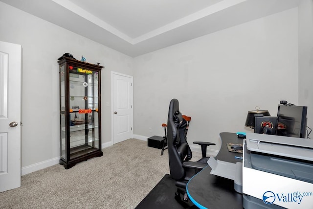 interior space with baseboards, a raised ceiling, and light colored carpet