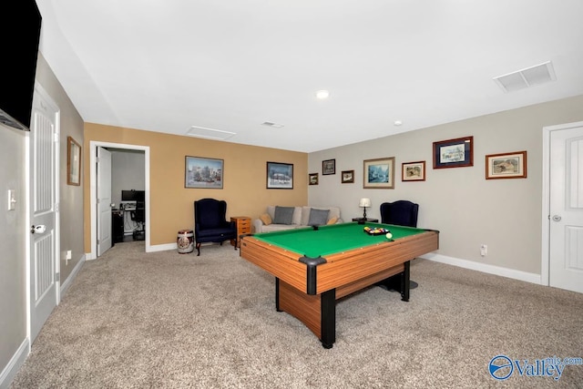 game room featuring visible vents, billiards, light carpet, and baseboards