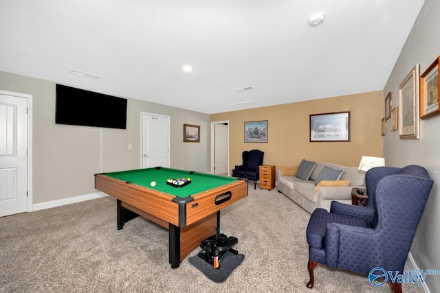 recreation room with pool table, carpet, visible vents, and baseboards