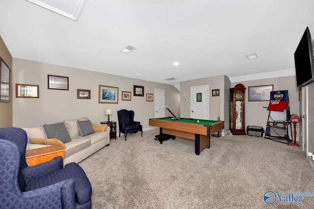 game room featuring billiards, visible vents, and light colored carpet