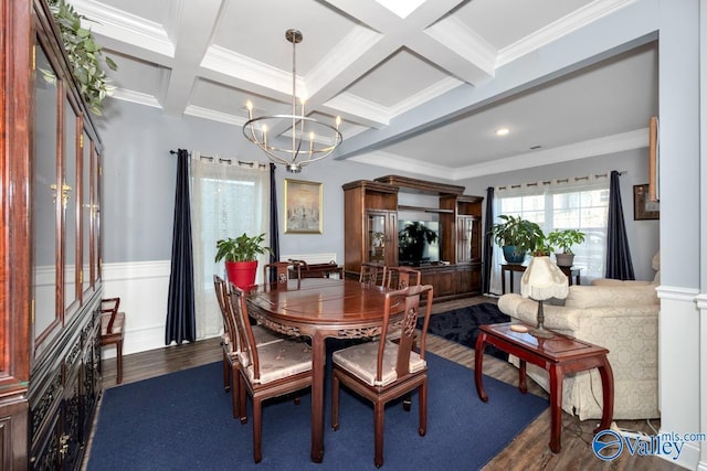 dining room featuring dark wood-style floors, coffered ceiling, beamed ceiling, and ornamental molding