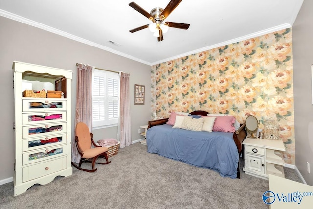 2609 Quarter Ln, Owens Cross Roads, AL 35763 - bedroom with crown molding, carpet floors, visible vents, baseboards, and ceiling fan