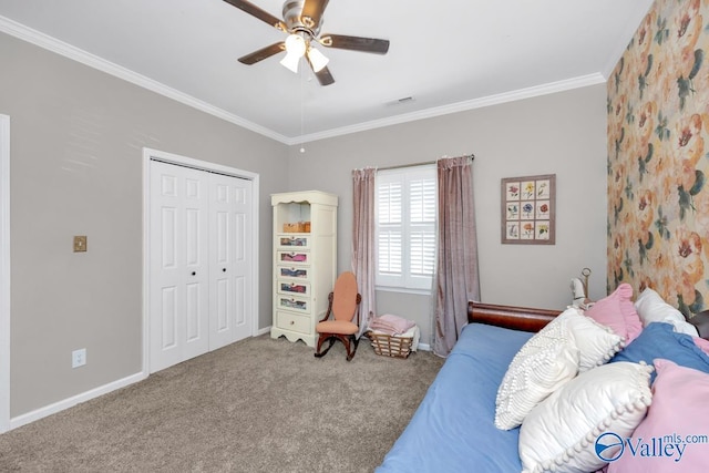 2609 Quarter Ln, Owens Cross Roads, AL 35763 - bedroom with visible vents, ornamental molding, carpet, and a closet
