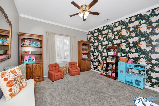 2609 Quarter Ln, Owens Cross Roads, AL 35763 - interior space featuring carpet flooring, ceiling fan, wallpapered walls, visible vents, and ornamental molding