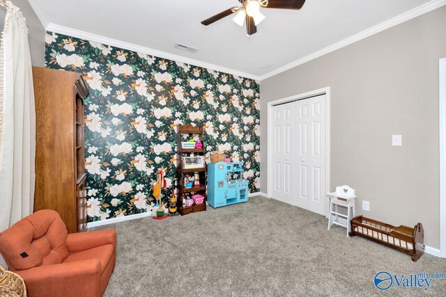 2609 Quarter Ln, Owens Cross Roads, AL 35763 - rec room with carpet flooring, ceiling fan, wallpapered walls, and ornamental molding