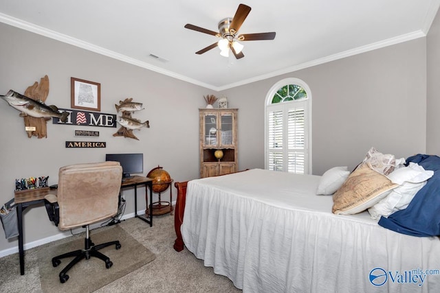 2609 Quarter Ln, Owens Cross Roads, AL 35763 - bedroom featuring visible vents, ornamental molding, baseboards, and light carpet
