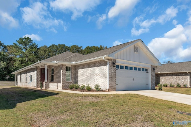 ranch-style house with driveway, a front lawn, an attached garage, and brick siding