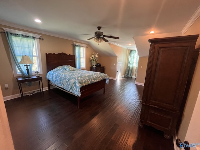 bedroom with crown molding, dark hardwood / wood-style flooring, and ceiling fan