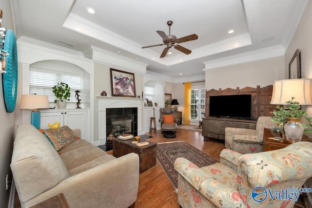 living room with a tray ceiling, plenty of natural light, and light hardwood / wood-style floors