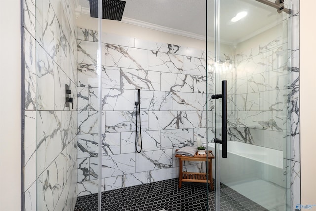 4018 SE Piedmont Dr, Huntsville, AL 35802 - bathroom with tile walls, ornamental molding, and a stall shower