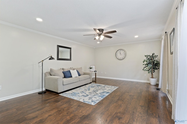 4018 SE Piedmont Dr, Huntsville, AL 35802 - living area with baseboards, recessed lighting, a ceiling fan, crown molding, and dark wood-type flooring