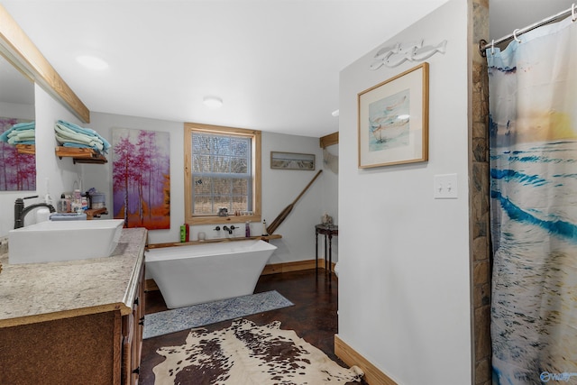 bathroom with hardwood / wood-style flooring, vanity, and independent shower and bath