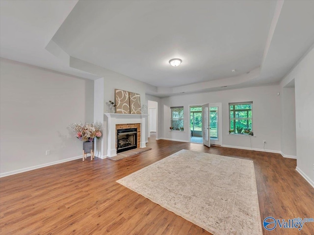27004 Mill Creek Dr, Athens, AL 35613 - living area with baseboards, a fireplace with raised hearth, a tray ceiling, and wood finished floors