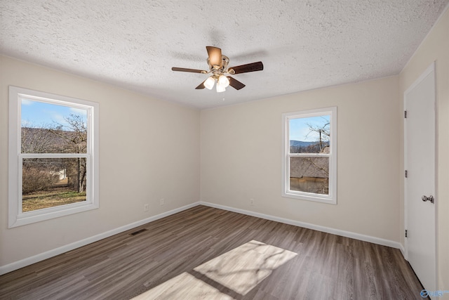 spare room with a textured ceiling, dark hardwood / wood-style flooring, and a healthy amount of sunlight