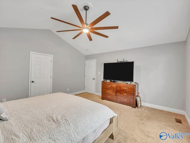 78 Bob Cir, Scottsboro, AL 35769 - bedroom featuring lofted ceiling, baseboards, light colored carpet, and a ceiling fan