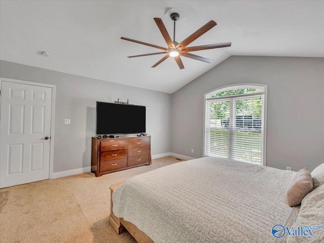 78 Bob Cir, Scottsboro, AL 35769 - bedroom with lofted ceiling, baseboards, light colored carpet, and a ceiling fan