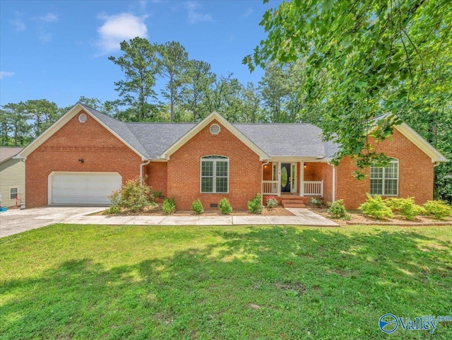 78 Bob Cir, Scottsboro, AL 35769 - ranch-style house with brick siding, covered porch, a garage, and a front yard