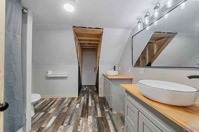 175 Short St, Geraldine, AL 35974 - bathroom with vanity, toilet, wood finished floors, and a shower with shower curtain