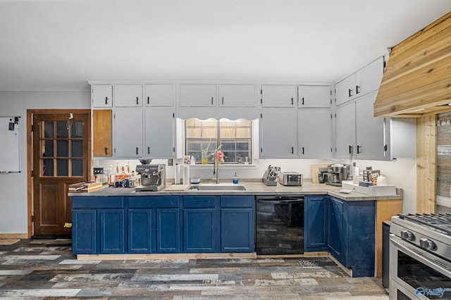 175 Short St, Geraldine, AL 35974 - kitchen with dishwasher, blue cabinetry, custom exhaust hood, white cabinetry, and wood finished floors