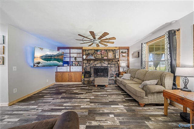 175 Short St, Geraldine, AL 35974 - living room with ceiling fan, wood finished floors, a fireplace, and baseboards