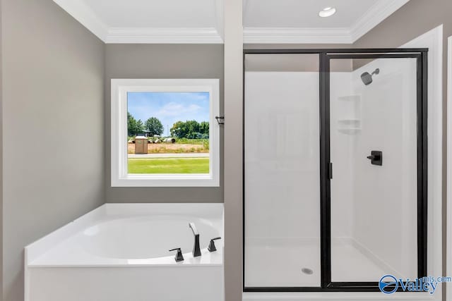 bathroom with independent shower and bath and ornamental molding