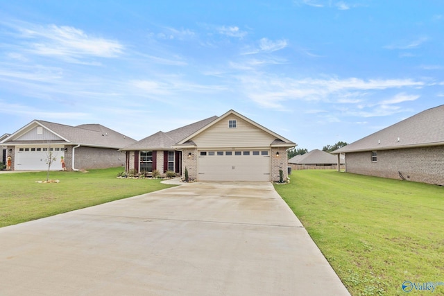 view of front of property featuring a garage, driveway, brick siding, and a front yard