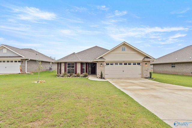 view of front of property with brick siding, roof with shingles, concrete driveway, an attached garage, and a front yard