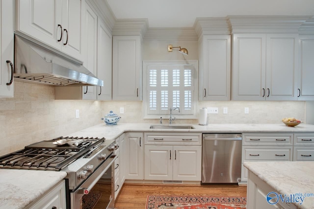 kitchen with decorative backsplash, sink, white cabinetry, light hardwood / wood-style flooring, and appliances with stainless steel finishes