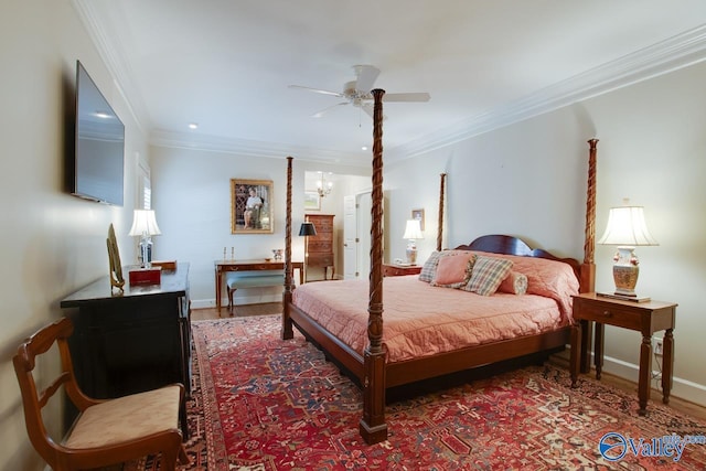 bedroom with ceiling fan with notable chandelier and ornamental molding