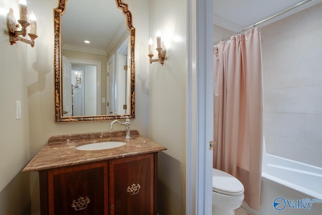 full bathroom with toilet, vanity, shower / bath combo, and crown molding