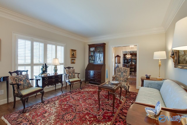 living room with crown molding and wood-type flooring