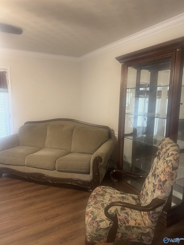 living room with crown molding and wood finished floors