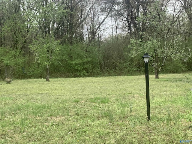 view of yard featuring a forest view