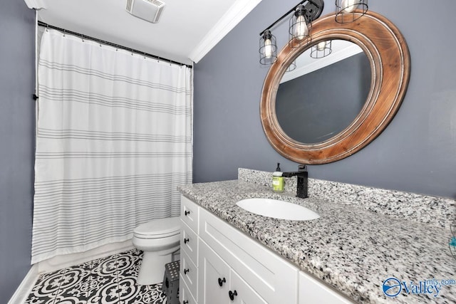 bathroom featuring visible vents, toilet, ornamental molding, vanity, and tile patterned flooring