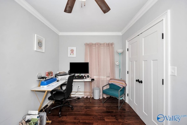 office area with wood finished floors, a ceiling fan, and ornamental molding