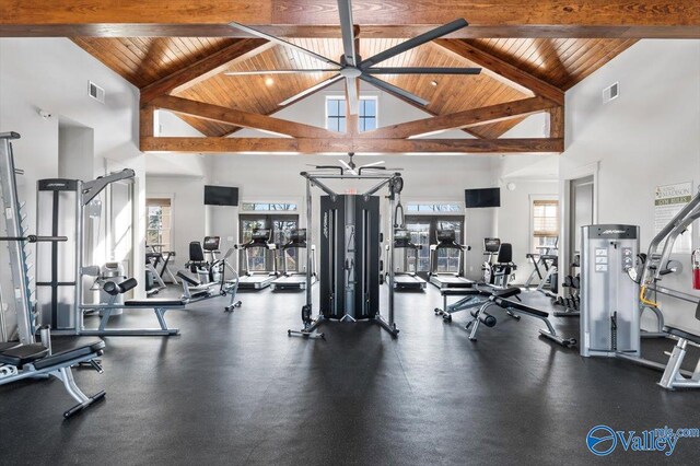 gym featuring ceiling fan, wood ceiling, and high vaulted ceiling