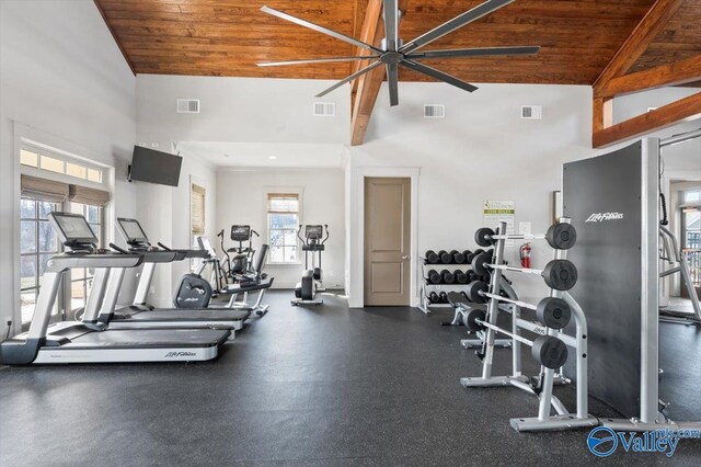 workout area featuring high vaulted ceiling, ceiling fan, and wood ceiling