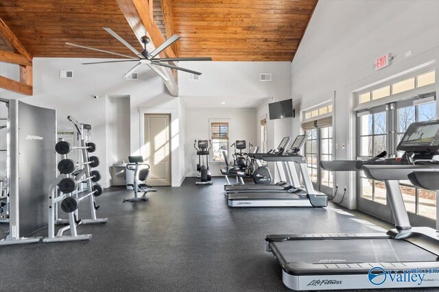 workout area with ceiling fan, wood ceiling, and high vaulted ceiling